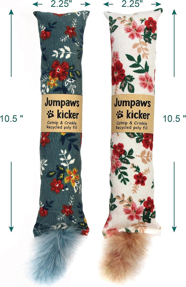 Jumpaws 2 Pack Natural Interactive Catnip & Silvervine Cat Kicker with Feathers, Bite Resistant Chew Toy, Crinkle Kicker, Accessories for Indoor Cat, Premium Corduroy Floral2