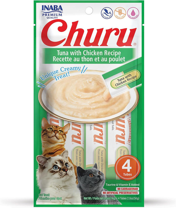 INABA Churu Cat Treats, Grain-Free, Lickable, Squeezable Creamy Purée Cat Treat/Topper with Vitamin E & Taurine, 0.5 Ounces Each Tube, 4 Tubes, Tuna with Salmon Recipe34