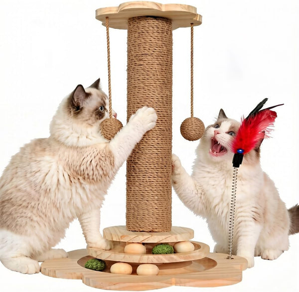 Scratching Post - 4 in 1 Cat Scratch Post, Interactive Cute Small Wooden Cat Scratcher with 2 Level Catnip Toys Balls & 2 Sisal Hanging Balls for Indoor Kitten Kitty1