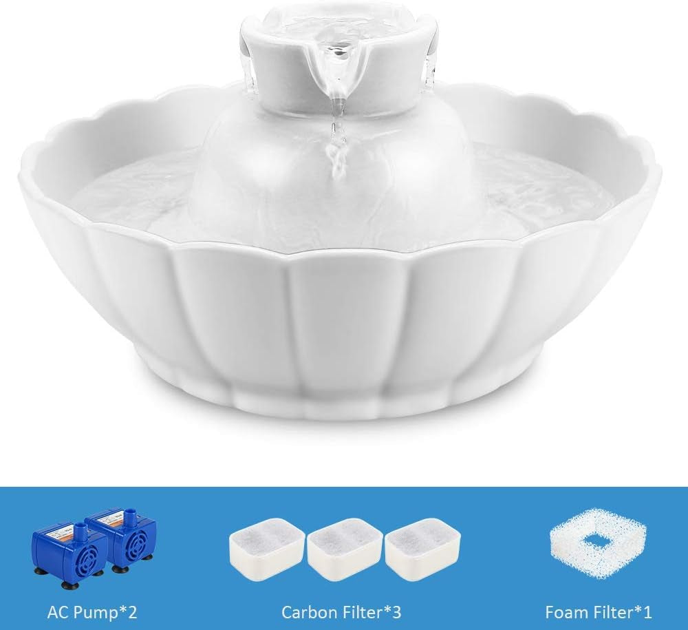 ipettie-tritone-ceramic-cat-water-fountain-heavy-duty-waterer-for-pets-2-1-liters-2-2-quart-filtered-water-purifier-with-replacement-filters-and-foam-white