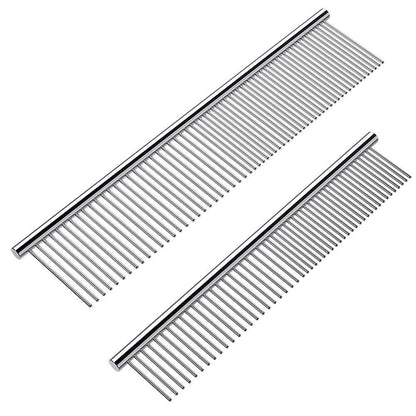 Cafhelp 2 Pack Dog Combs with Rounded Ends Stainless Steel Teeth, Cat Comb for Removing Tangles and Knots, Professional Grooming Tool for Long and Short Haired Dog, Cat and Other Pets, 6.3IN/7.4IN1