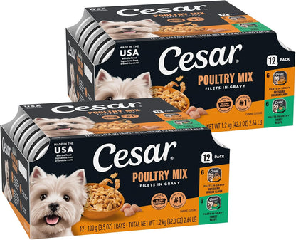 Cesar Filets in Gravy Wet Dog Food, Steak Mix Variety, 3.5 Oz, 24 Count | Filet Mignon, New York Strip & Prime Rib, Real Meat, Slow-Cooked, No Fillers/Added Sugar/Artificial Flavors, Easy Peel Trays16