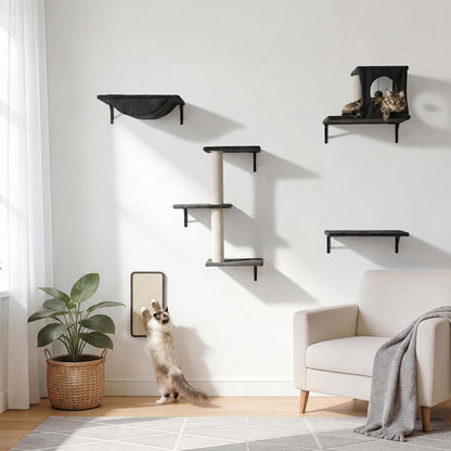 Cat Wall Shelves, Cat Wall Mounted Furniture, Climbing Wall Systems with Perches, Scratchers and Condo, Kitten Indoor Jungle Gym Set of 5 (Grey)1