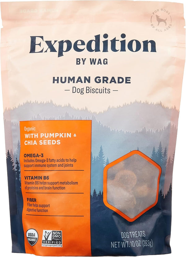 Amazon Brand - Wag Expedition Human Grade Organic Biscuits Dog Treats, Non-Gmo, Pumpkin & Chia Seed, 10 Oz, Pack of 11