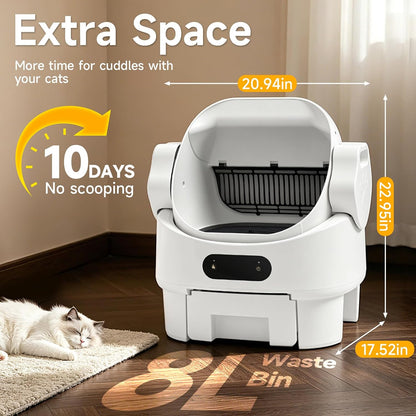 Self Cleaning Cat Litter Box,Ultra-Quiet,Anti-Pinch,Display,8L Waste Bin | Splash-Proof Design,Automatic,Multi-Cat Friendly,Detachable Step,Easy Install,Washable Parts,Modern Style,White,Garbage Bag3