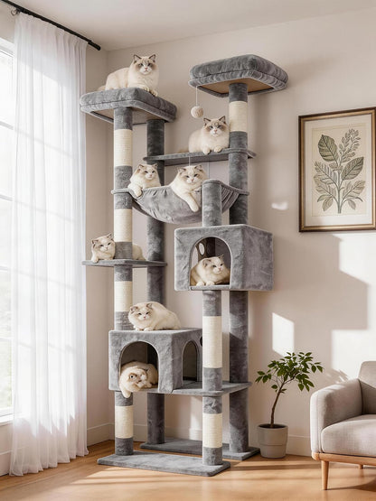 Hey-Brother Cat Tree Tower, Wide Base, 5 Platforms for Multi-Cats, MPJ074MJ | 72.8 Inches Tall Furniture, 5 Plush Beds, Large Condo, Big Hammocks, Sisal Scratching Posts, for Indoor Adult Cat Beige Brown12