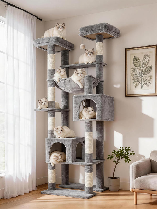 Hey-Brother Cat Tree Tower, Wide Base, 5 Platforms for Multi-Cats, MPJ074MJ | 72.8 Inches Tall Furniture, 5 Plush Beds, Large Condo, Big Hammocks, Sisal Scratching Posts, for Indoor Adult Cat Beige Brown12