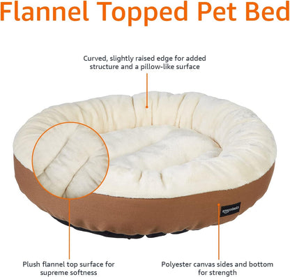Amazon Basics round Bolster Pet Bed for Dog or Cat with Flannel Top, 20.0" L X 20.0" W X 6.0" Th, up to 11Lbs, Brown and Ivory3