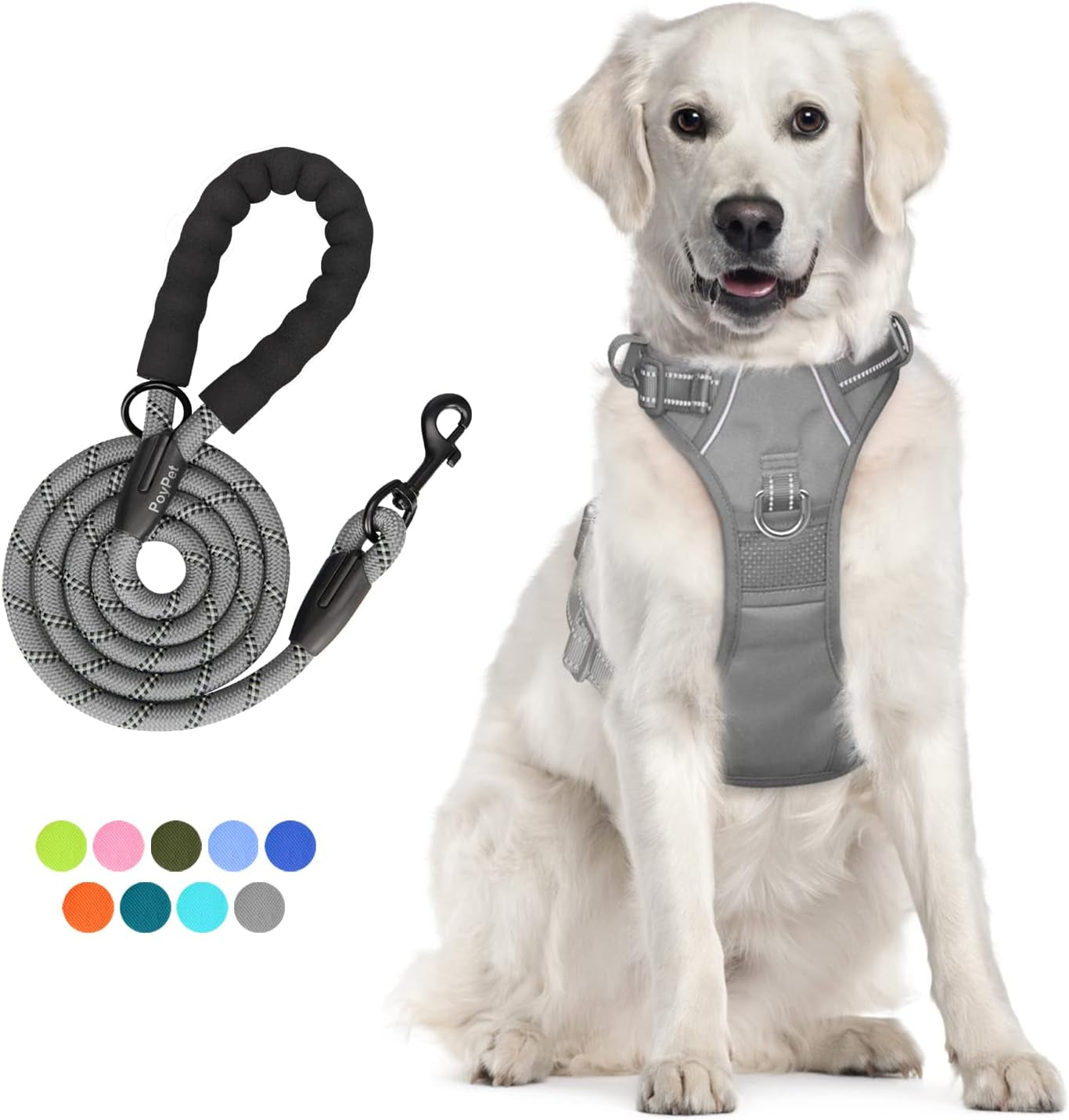 poypet-no-pull-dog-harness-and-5-feet-leash-set-release-on-neck-reflective-adjustable-pet-vest-front-back-2-d-ring-and-soft-padded-pet-harness-with-handle-for-small-to-large-dogsgrey-l