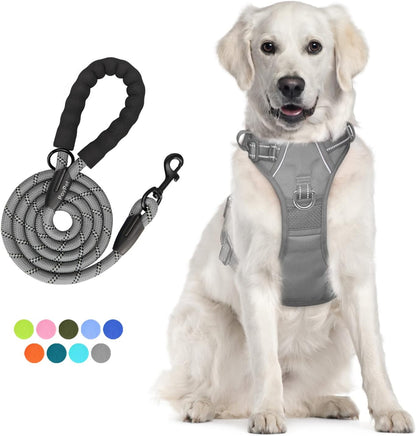 Poypet No Pull Dog Harness and 5 Feet Leash Set, Release on Neck Reflective Adjustable Pet Vest, Front & Back 2 D-Ring and Soft Padded Pet Harness with Handle for Small to Large Dogs(Grey,L)1