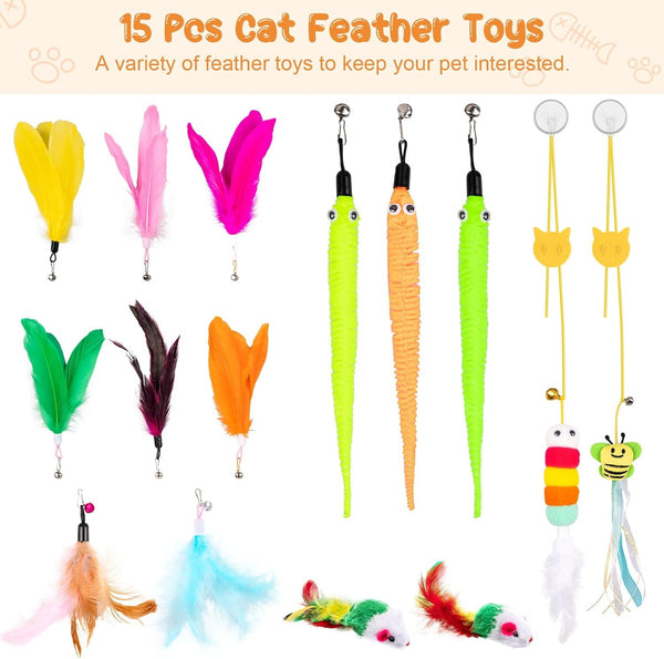 Depets Cat Wand Toy, 15 Pcs Interactive Cat Feather Toys for Indoor Self Play & Exercise, 2 Play Modes Kitten Teaser Wand, Reusable Suction Cup Kitten Toys4