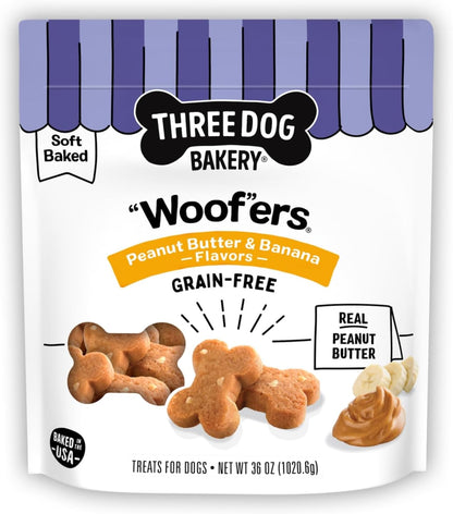 Three Dog Bakery Woofers Peanut Butter & Banana Dog Treats - 36 Oz Bag | Grain-Free Soft Baked Dog Treats1