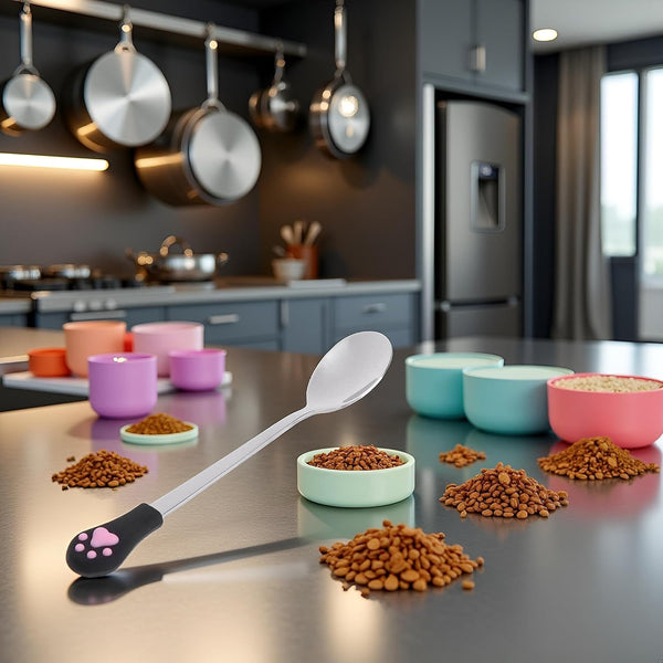 Silver Pet Food Spoon, Stainless Steel Spoon anti Slip Silicone Handle Can Cute for Pets Dogs Food Storage Feeding and Watering Supplies5