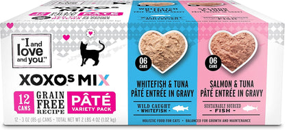 I and LOVE and YOU Xoxos Mix Pate Wet Cat Food, Variety Pack, Grain Free, Artificial Preservatives Free, 3 Oz Pack of 12 Cans1