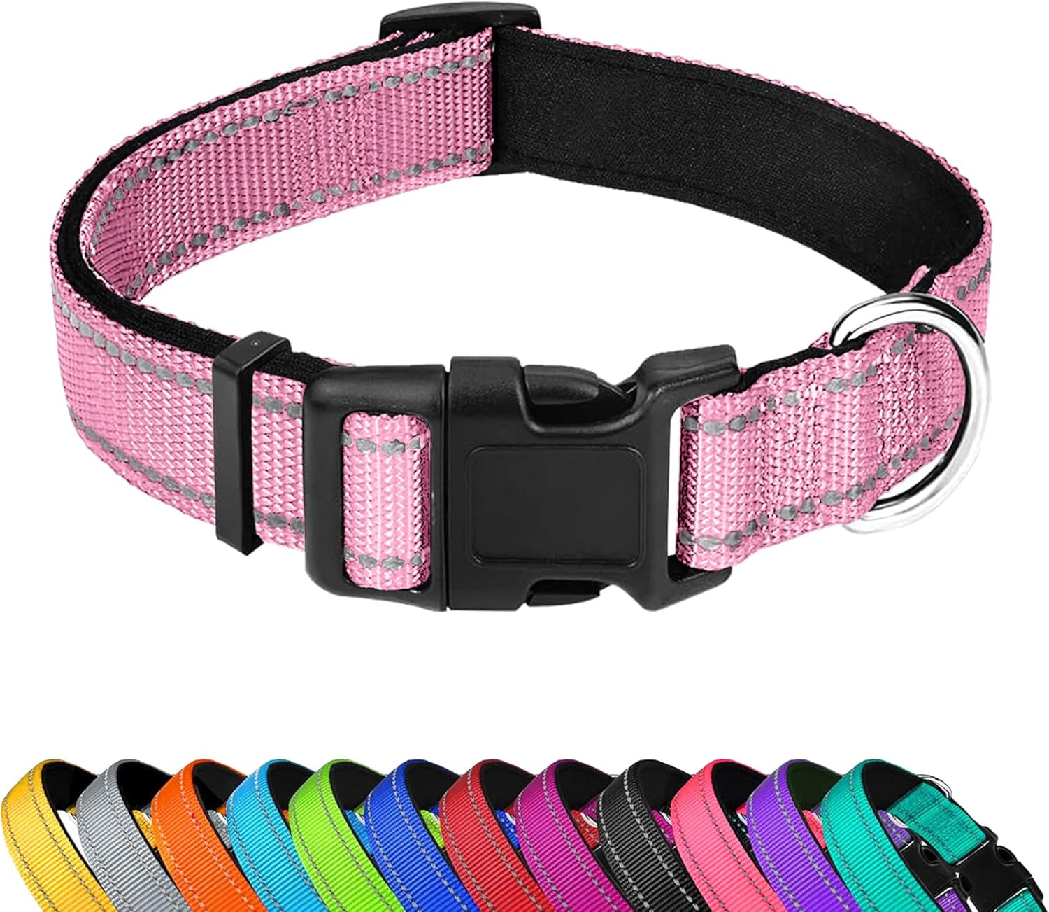reflective-dog-collar-adjustable-soft-neoprene-padded-teal-m-breathable-nylon-for-medium-dogs-tear-resistant-webbing-chafe-free-on-walks-and-hikes-metal-d-ring-night-safety