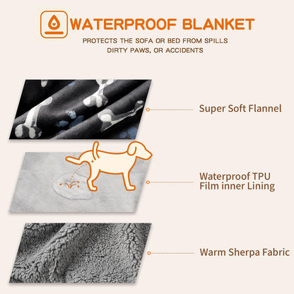 Washable Waterproof Dog Blankets for Large Dogs, 50"X60" Black | Soft Fluffy Pet Blanket for Couch Sofa Car Crate, Bed Furniture Protector, Reversible Sherpa Fleece Dog Blanket, Paw Pattern3