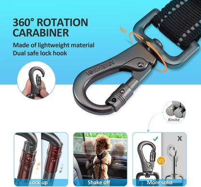 Dog Seat Belt 3-In-1 Car Harness for Dogs Adjustable Safety Seatbelt for Car Nylon Reflective Bungee Fabric Dog Car Harness with Clip Hook Latch & Buckle, Swivel Zinc Alloy Carabiner (Black)3