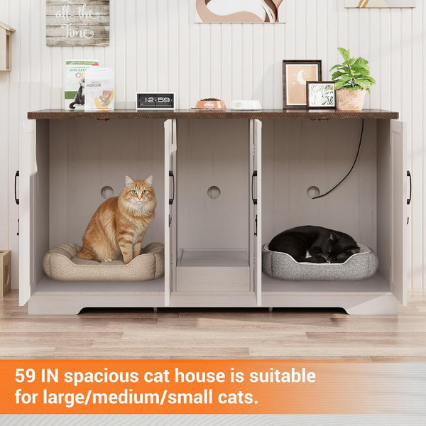 59.1" Cat Litter Box Enclosure for 2 Cats, Hidden Litter Box Furniture with Power Outlet & Removable Hallway, Lockable Door & Anti-Tip Design, Farmhouse Litter Box Cabinet with Magnetic Door, White3
