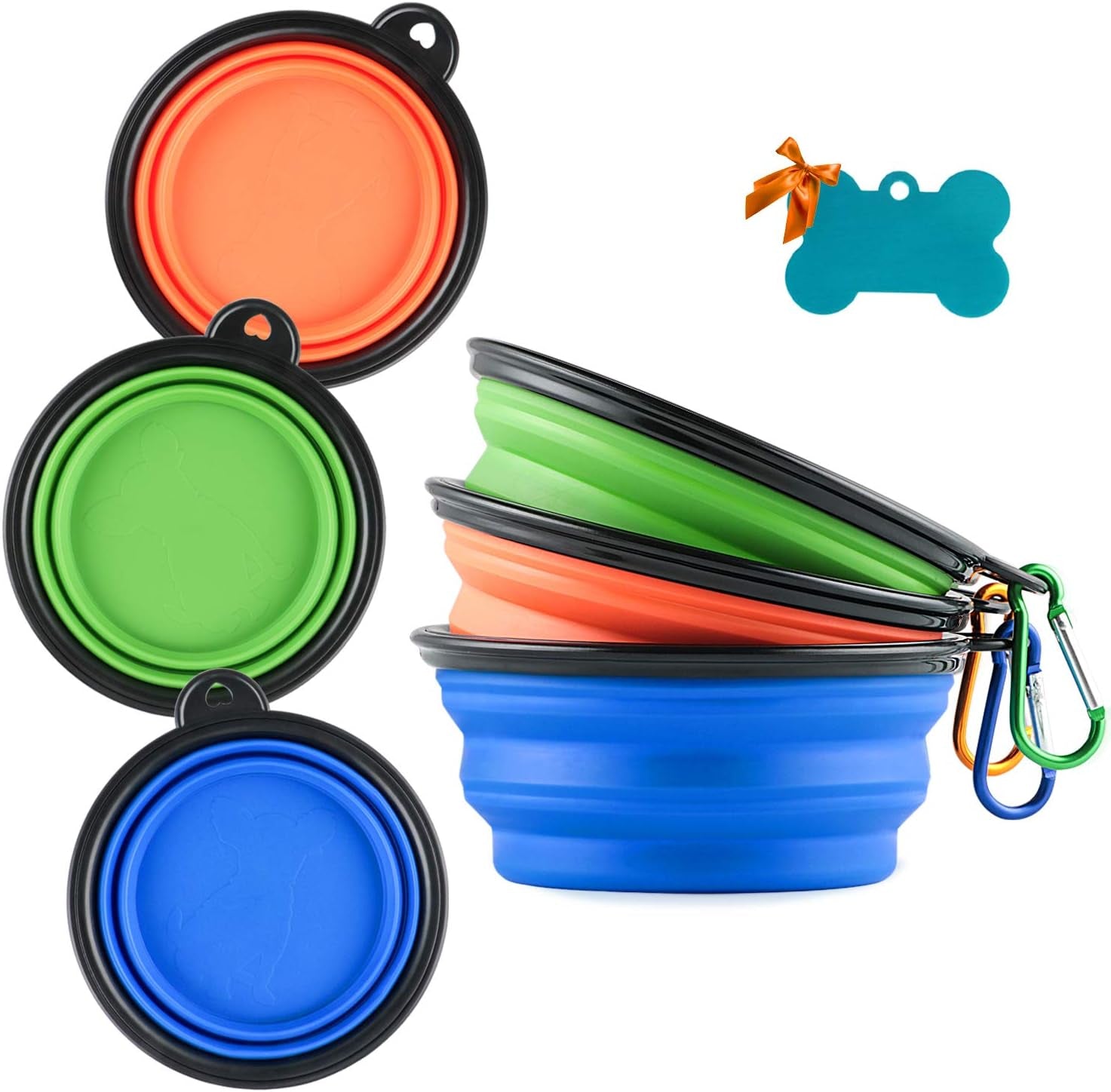 collapsible-silicone-dog-bowls-3-pack-travel-pet-food-water-bowls-orange-green-blue-5-1-in-wide-2-1-in-tall-folds-to-0-5-in-holds-12-oz-water-or-1-5-cups-food-includes-id-tag