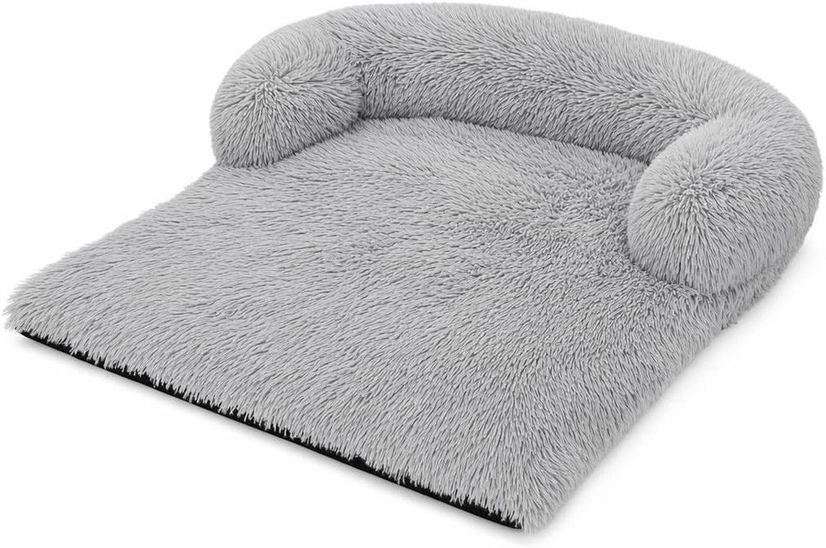 calming-dog-bed-sofa-light-gray-long-plush-raised-bolster-with-upgraded-headrest-non-slip-bottom-orthopedic-pet-lounger