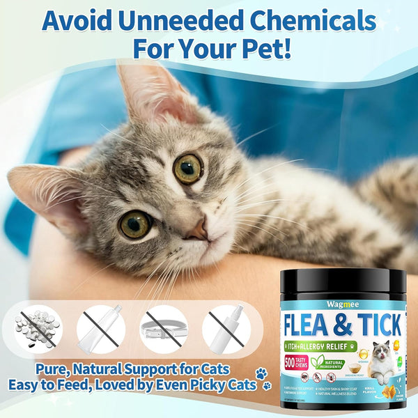 Natural Cat Flea Treatment Chewables, 500 Crunchy & Creamy Tasty Chews | Flea and Tick Prevention for Cats with Skin & Coat Support, Oral Flea & Tick Supplement & Allergy Relief for Cats, Chicken7