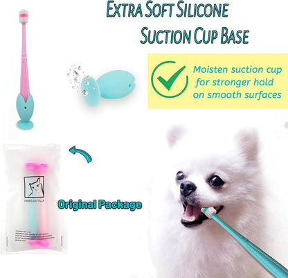 E.M&S.T by Emmeliestella Small Dog & Cat Toothbrush 360 Degree Soft Silicone, Cat Dental Care, Toothbrush Holder, Easy to Handle, Independent Packaging, Suction Cup, Light Blue&Pink (2-Pack + Holder)2