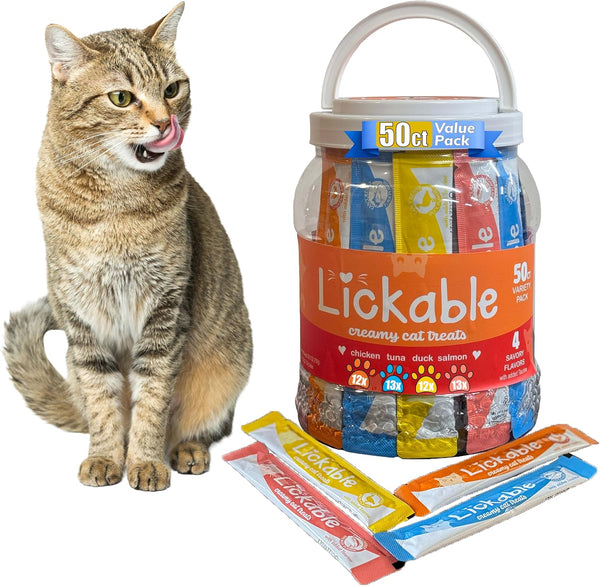Fieldcrest Farms Lickable Cat Treats, 50 Count Variety Pack | Chicken, Tuna, Duck, Salmon, Thick & Protein-Rich Squeeze Tubes, with Taurine, Grain Free, 6 Calories per Tube1