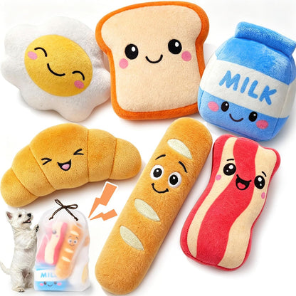 KIPRITII Dog Squeaky Toys for Small Dogs, Breakfast-Themed Puppy Toys to Keep Them Busy, Plush Toys with Squeaker for Interactive Play, Includes Storage Bag1