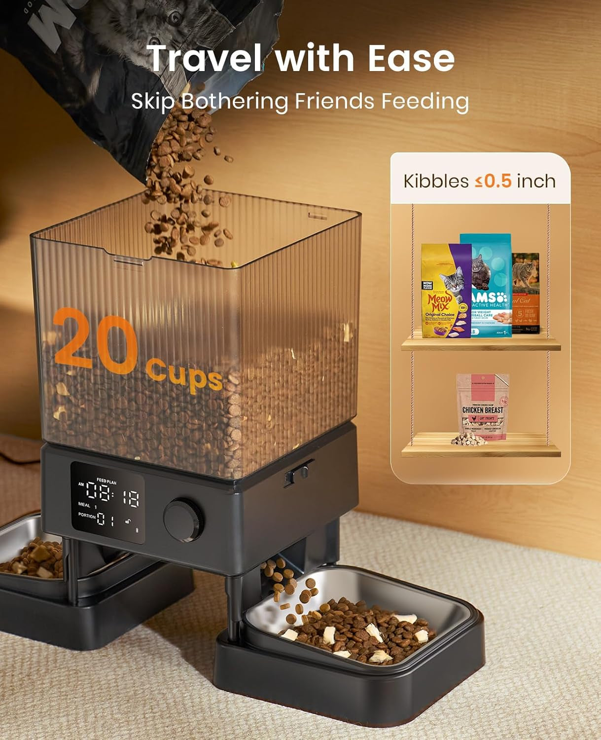 oneisall-automatic-cat-feeder-for-2-cats-pets-timed-cat-food-dispenser-20-cups-5l-prevent-fighting-precise-portion-balanced-dispense-non-slip-stable-voice-recorder-stainless-steel-bowls