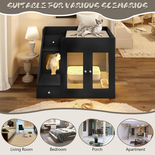 Cat Litter Box Enclosure with Light, Hidden Litter Box Furniture with 2 Storage Drawers & Smart Doors, Cat House Side Table for Living Room Entryway (Black)7