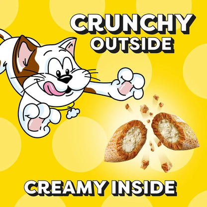 Crunchy outside, creamy inside cat treats with happy cartoon cat on yellow background6