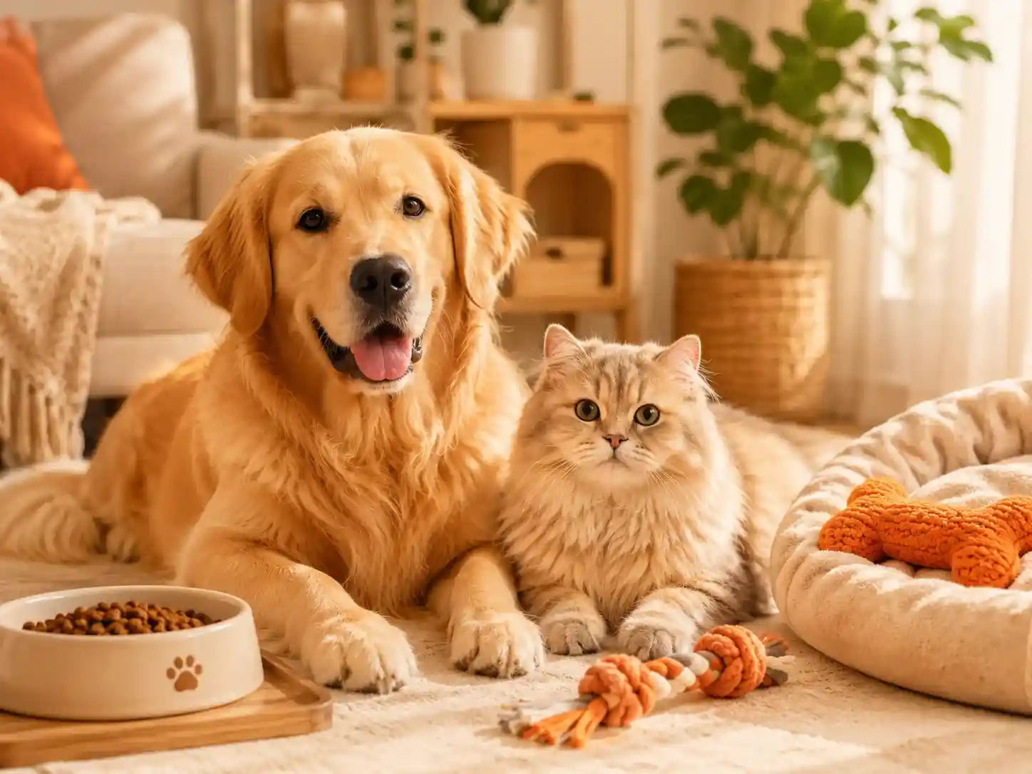 Golden retriever and fluffy cat with pet toys, food bowl, and cozy bed in warm home setting