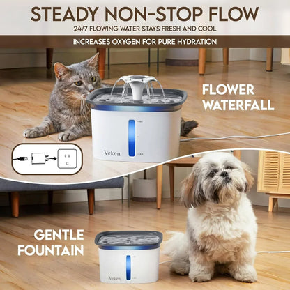 Cat and dog drinking from Veken pet water fountain with flower waterfall and gentle flow2