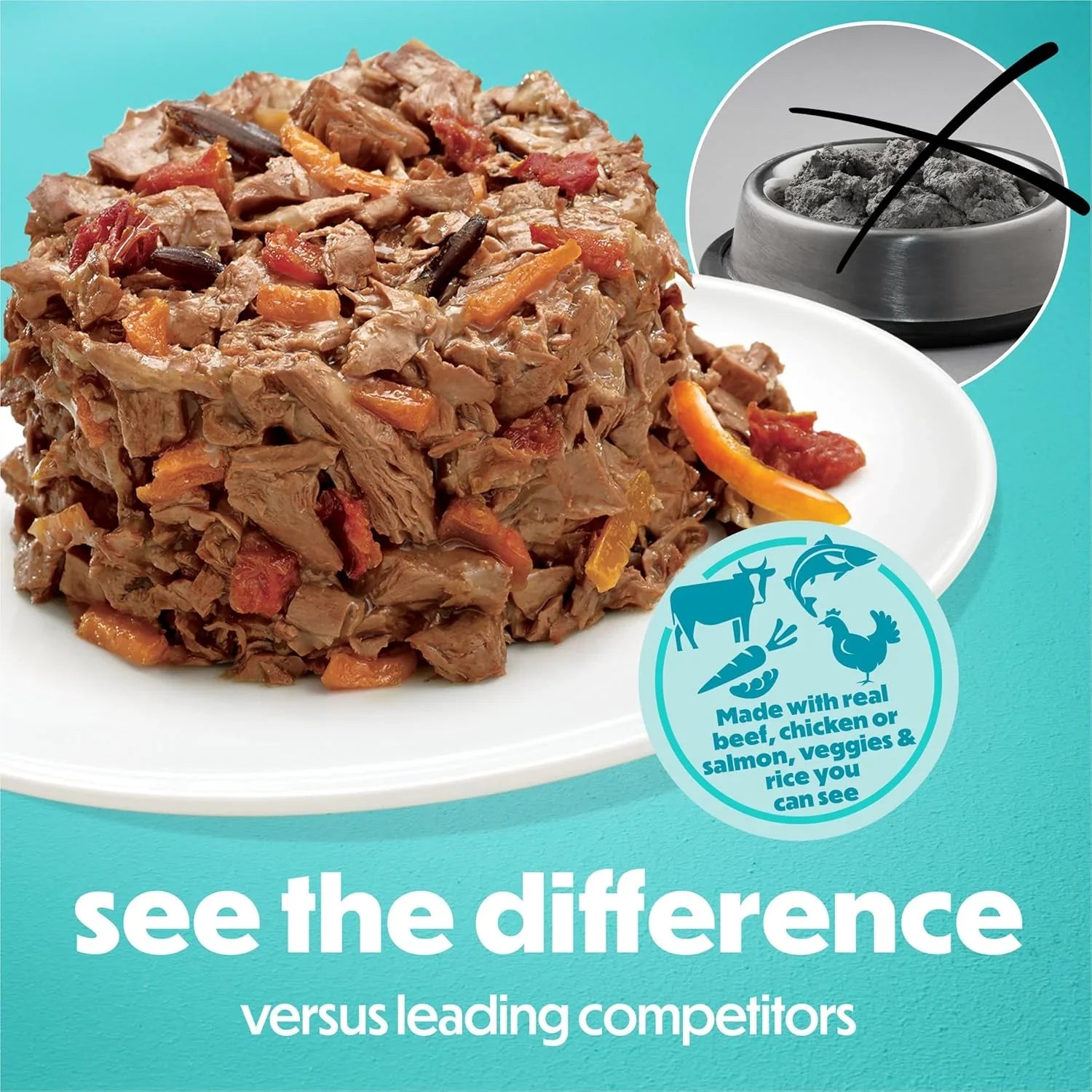 real-beef-chicken-salmon-veggies-rice-pet-food-on-white-plate-contrasting-dry-kibble