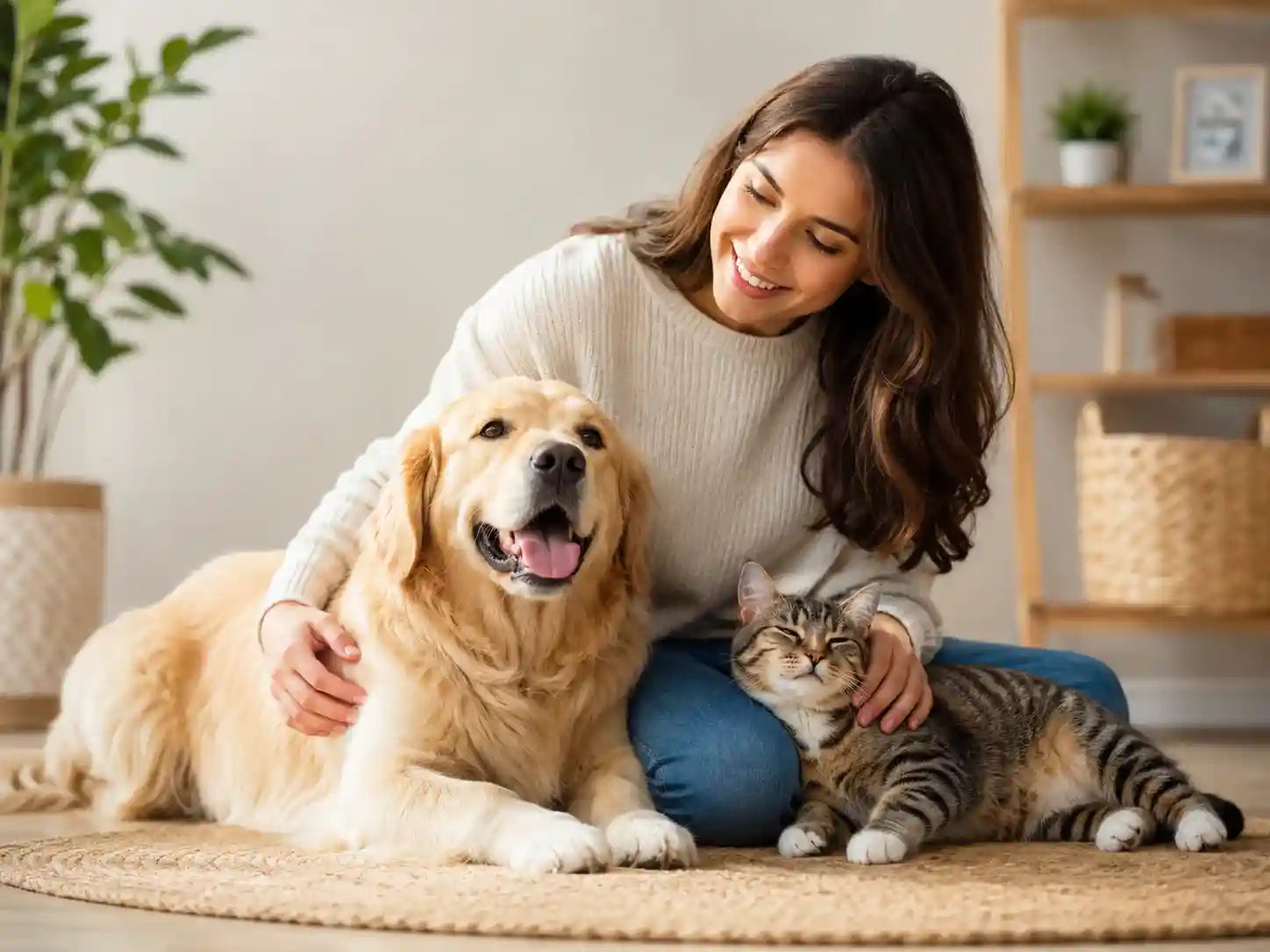 Woman cuddling happy golden retriever and tabby cat on rug, pet supplies for dogs and cats