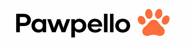 Logo of Pawpello with black text and an orange paw icon on a white background