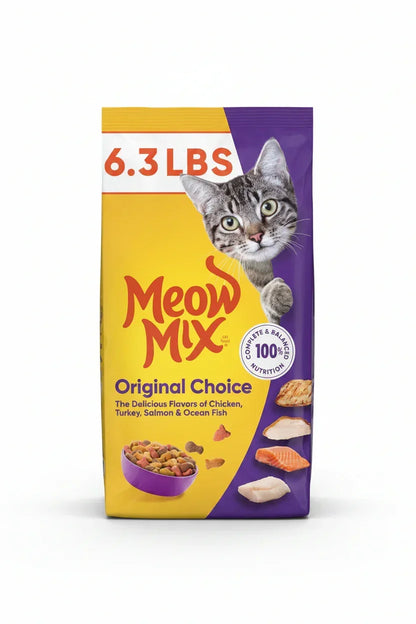 Meow Mix Original Choice dry cat food bag with chicken, turkey, salmon & ocean fish flavors, 6.3 lbs1