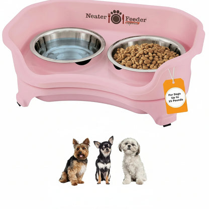 Pink elevated dog feeder with two stainless steel bowls for food and water, ideal for small dogs up to 15 lbs9