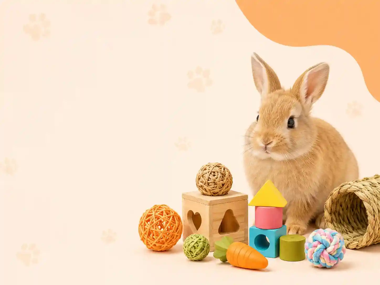 Adorable bunny with colorful pet toys, wooden blocks, and woven balls for small animal playtime fun.