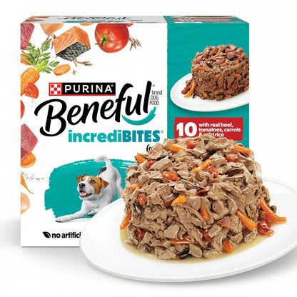 Purina Beneful IncrediBites wet dog food with real beef, tomatoes, carrots & wild rice on a plate1