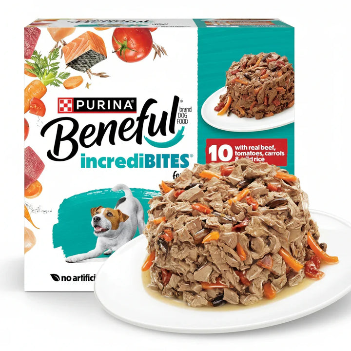Purina Beneful IncrediBites wet dog food with real beef, tomatoes, carrots & wild rice on a plate