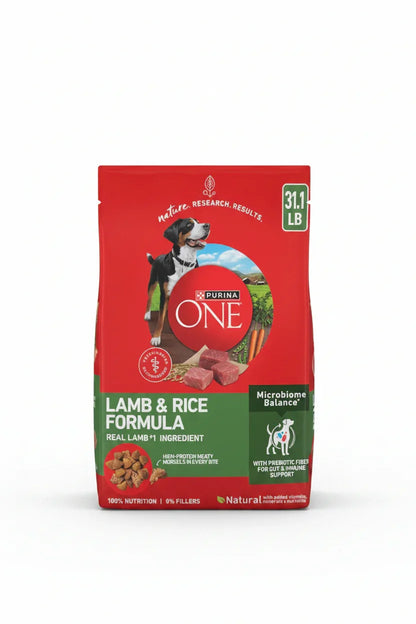 Purina ONE Lamb & Rice Formula dog food bag with real lamb, high-protein kibble, and gut support1
