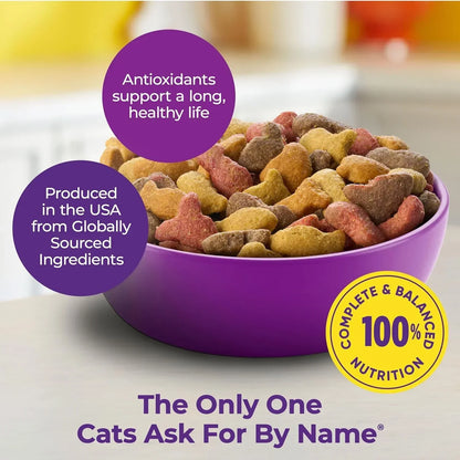 Cat food kibble in purple bowl, antioxidant-rich, 100% complete nutrition, USA-made for healthy cats4