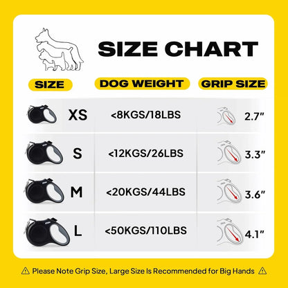 Dog leash size chart by weight and grip size for XS to L breeds, ideal for pet owners choosing the right fit.7