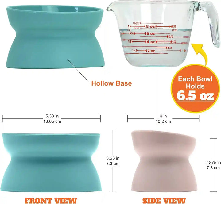 Silicone pet bowl with hollow base, 6.5 oz capacity, shown in teal and pink with size dimensions for cats and dogs.+2