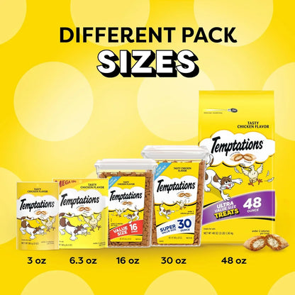Temptations chicken flavor cat treats in 3 oz to 48 oz pack sizes, crunchy outside soft inside3