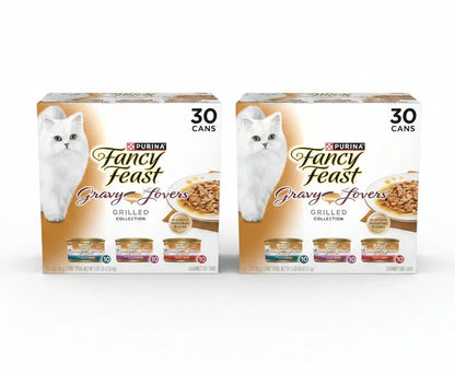 Two boxes of Purina Fancy Feast Gravy Lovers Grilled Collection wet cat food, 30 cans each8