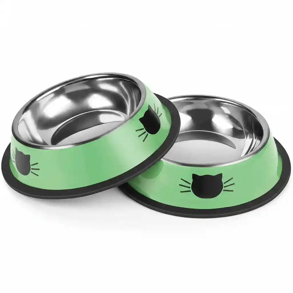 green-cat-food-bowls-with-black-cat-face-design-and-stainless-steel-interior