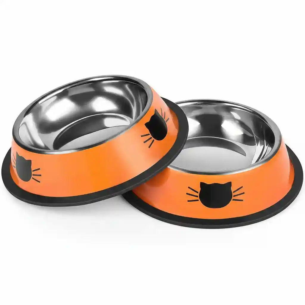 orange-cat-food-bowls-with-black-cat-face-design-stainless-steel-interior-non-slip-base-for-pets