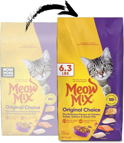 Meow Mix Original Choice dry cat food bag, 6.3 lbs, with chicken, turkey, salmon & ocean fish flavors2